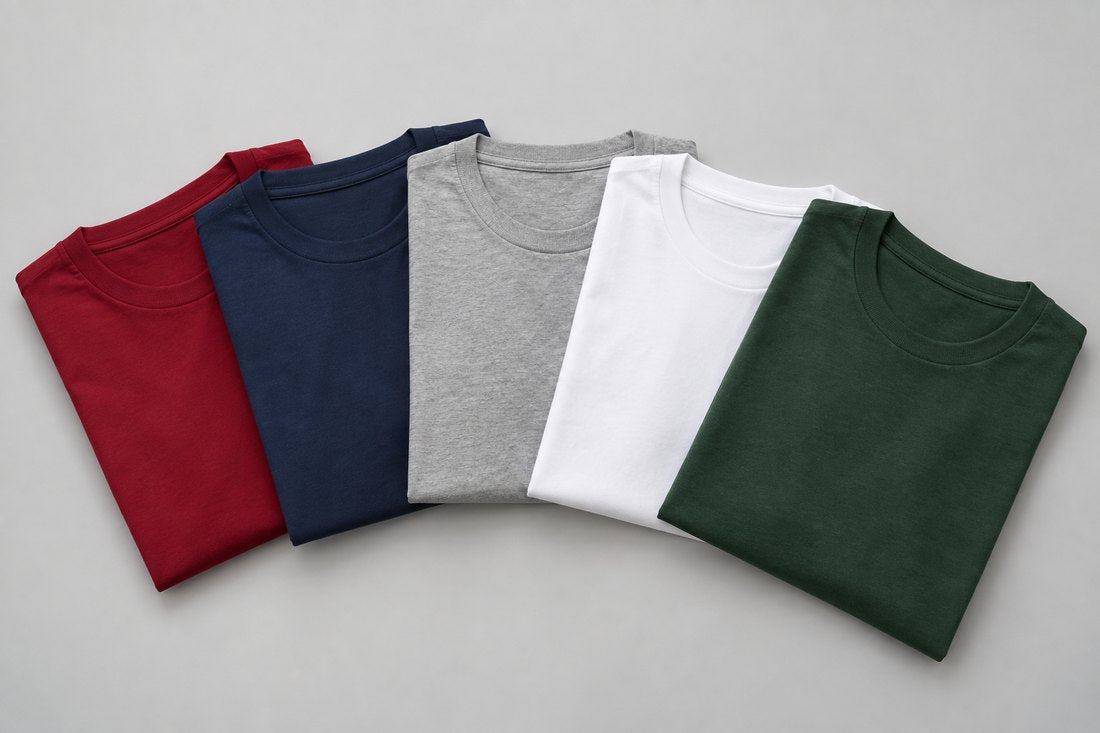 A fan of folded blank t-shirts in five colors