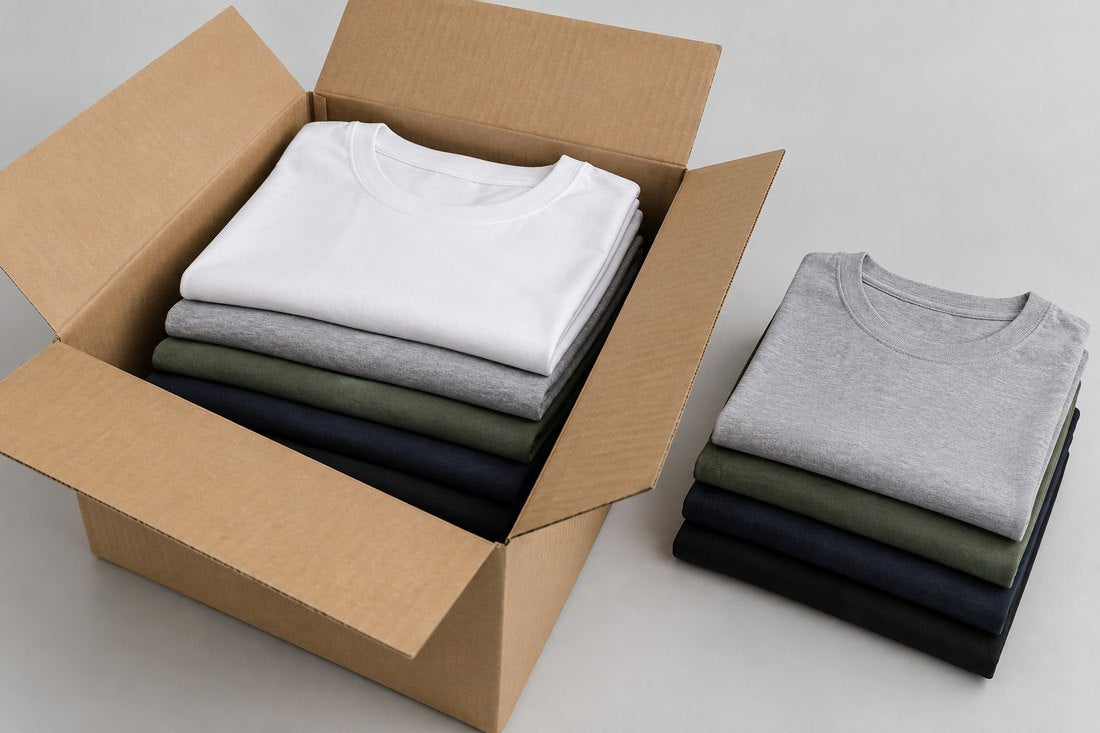 A box of the customer's own folded blank shirts