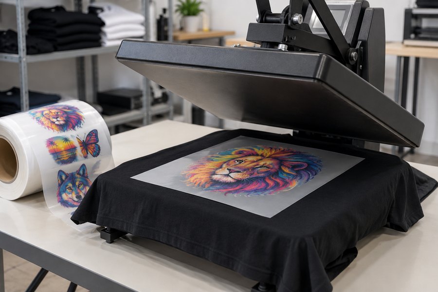 DTF transfer being heat pressed onto a tee