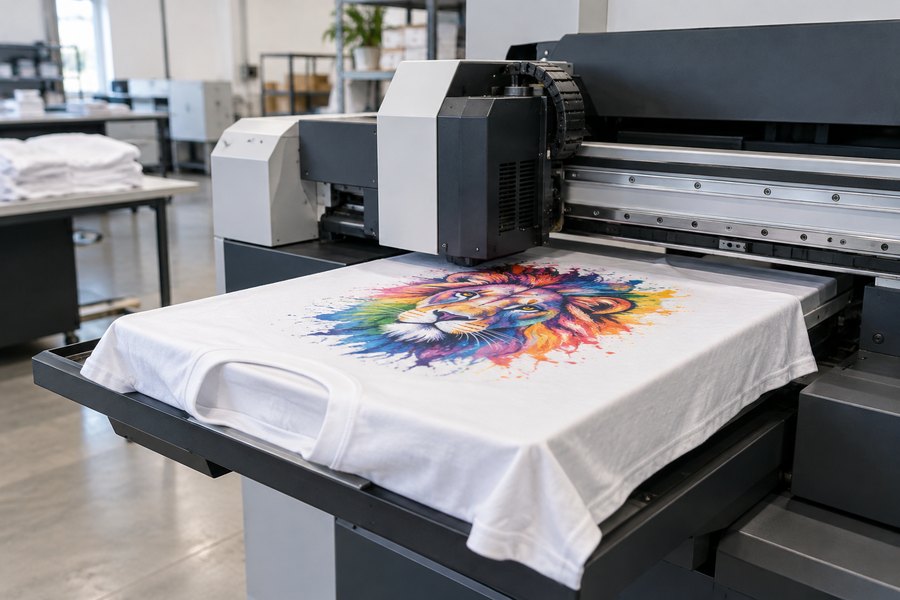 Direct to garment printer printing a full color design