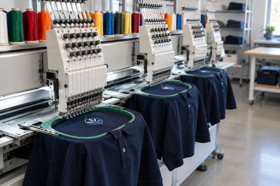 Commercial embroidery machine stitching a logo on a polo