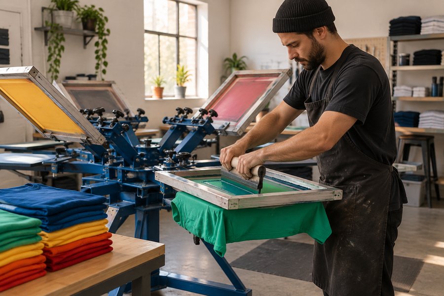 Screen printing press in our Garden Grove shop